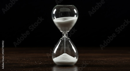 An hourglass with white sand flowing from top to bottom, against a dark background.