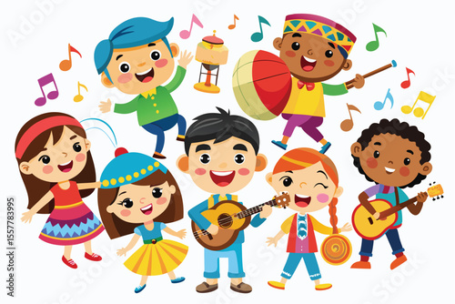 Happy cartoon children playing with balloons and toys, a fun illustration for kids