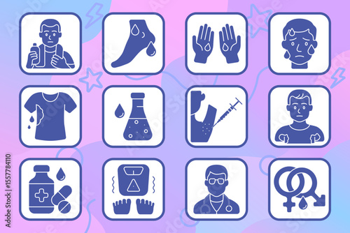 Hyperhidrosis set icon. Sweaty armpits, feet, hands, face, wet shirt, medical test, injection, pills, trembling, weight loss, doctor, hormonal imbalance.