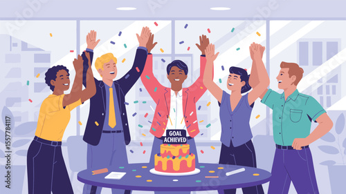 Celebrating Team Success A Modern Flat Vector Illustration of a Diverse Group Celebrating an Achievement with Cake and Confetti