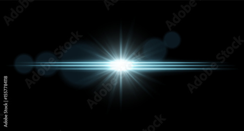 Bright light horizontal light flare with central glow and radiant starburst. Sci-fi visual effect on dark background.