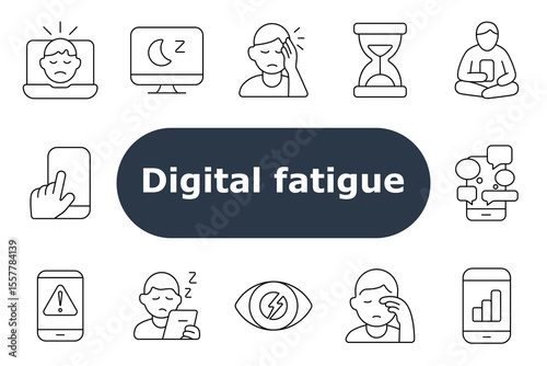 Digital fatigue set icon. Tired face, night screen, headache, time on screen, tablet use, alert notification, sleeplessness, eye strain, mobile apps, overload, chart stats, digital stress.