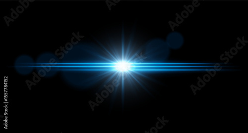 Bright light horizontal light flare with central glow and radiant starburst. Sci-fi visual effect on dark background.