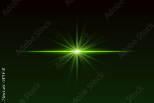 Green starburst light with sharp rays and glow effect. Radiating flare creates elegant highlight for spotlight, flash, or sparkle visuals.