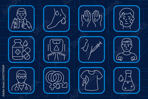 Hyperhidrosis set icon. Sweaty man, wet feet, moist palms, sweating face, medicine, shaking scale, injection, shirt patch, doctor, gender symbols, wet armpits, chemical bottle.