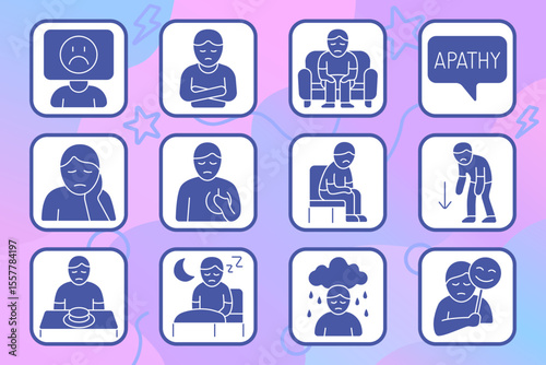 Depression set icon. Sad face, emotional pain, loneliness, apathy, fatigue, physical exhaustion, loss of appetite, sleep issues, fake smile, sadness, mental disorder.