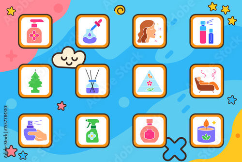 Depression set icon. Sad screen, arms crossed, man on couch, apathy bubble, no appetite, sleep in bed, chair sadness, energy drop, rainy mood, fake smile, tired face, heart pain