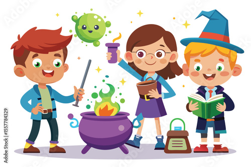 Cartoon illustration of happy school children playing in a garden with their family