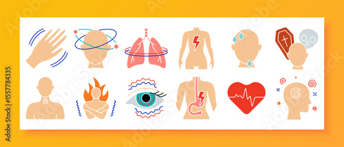 Digestive discomfort set icon. Burning sensation, nausea, toilet vomiting, intestine inflammation, fatigue, ear ringing, stethoscope, trembling hand, and acid reflux in simplified visuals.