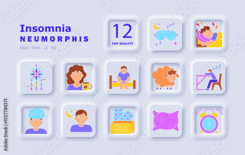 Insomnia set icon. Displays pillow, sleep mask, alarm clock, drowsy face, melatonin, caffeine mug, moon with person, sleeping at desk, counting sheep, restless sleep, bed sitting, dreamcatcher