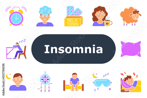 Insomnia set icon. Alarm clock, sleepless person, melatonin, sad face, sheep, pillow, drowsiness, moon, dreamcatcher, sitting in bed, sleep mask, disturbed sleep, bedtime issue.