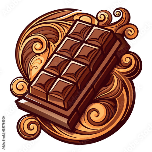 Realistic Chocolate Bar with Intricate Swirls – Ornate Gourmet Design Featuring Rich Texture and Decorative Detail – High-End Sweet Treat Illustration Isolated on White

