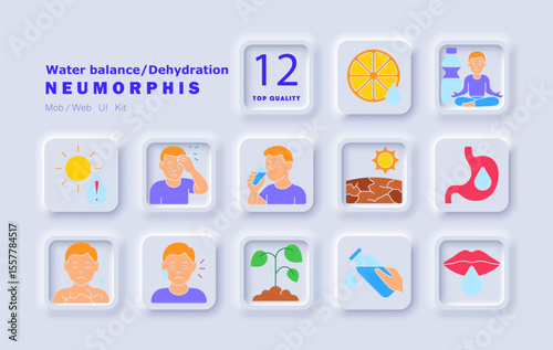 Water balance set icon. Dehydration symptoms, dry skin, sweating, thirst, heatstroke, digestion, water intake, nutrition, dry soil, lips, meditation, hydration, plants, fatigue.