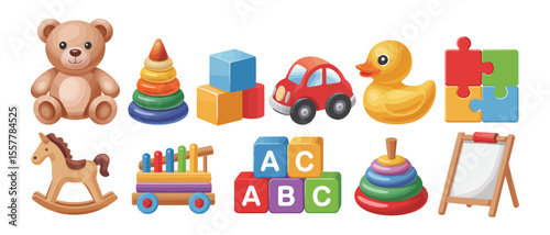 Colorful children's toy collection including teddy bear, stacking rings, building blocks, toy car, rubber duck, and puzzle pieces