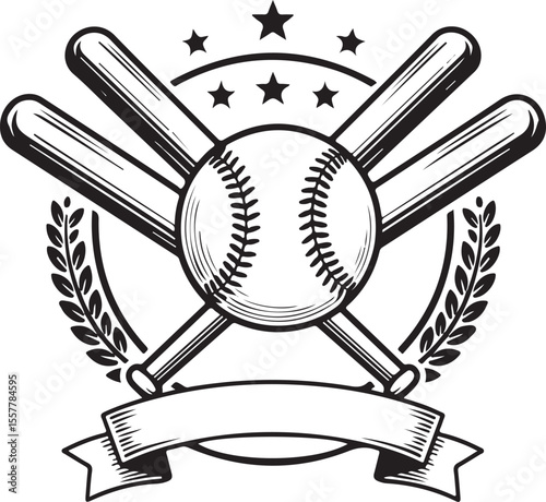 Baseball Emblem Crossed Bats, Ball & Laurel Wreath Design