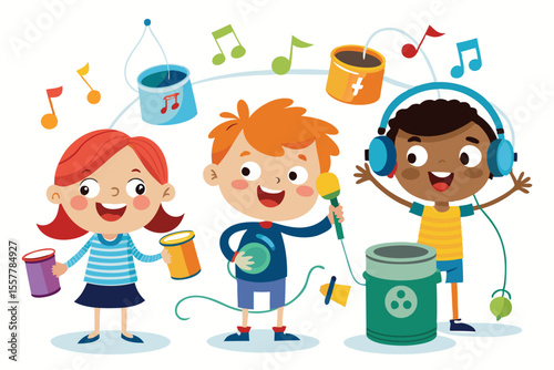 Cartoon illustration of children and kids playing with a ball and toys in a room, a fun image for family and friends