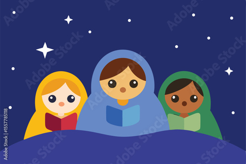 Family Christmas illustration with children playing in the snow under a starry winter night sky, a loving couple, and a baby