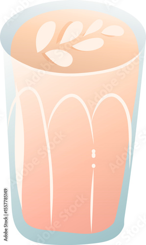 Glass of latte with milk foam art on top, light brown color, smooth texture, served in transparent glass cup
