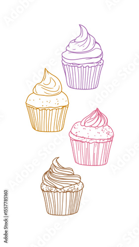 Cupcakes illustration set line art. Sweet desserts pastries bakery confection sketch. Food cafe restaurant menu design. Outline vintage white background vector