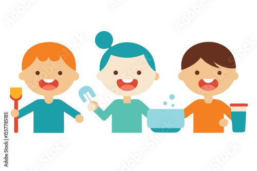 Daily routine icon set of kids brushing teeth colorfull Vector illustration