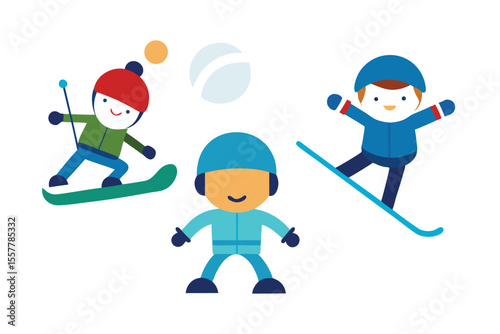 Cartoon vector illustration of a child playing football, skateboarding, and swinging, capturing the fun spirit of a young boy engaged in sports