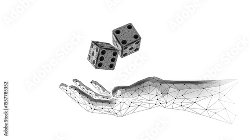 Dice falling on polygonal hand. Cube toss gamble risk strategy illustration. Casino games betting entertainment fortune probability. Low poly wireframe style vector illustration