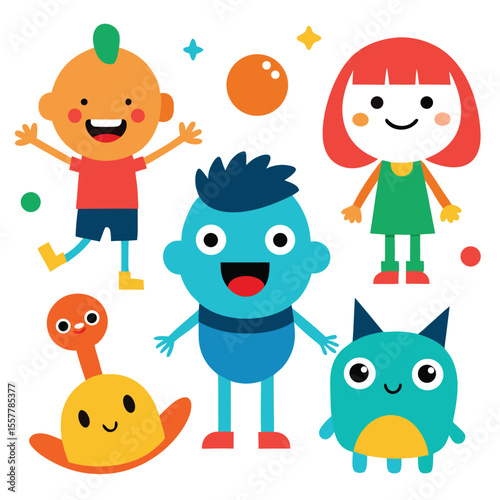 Cheerful style icons of fun creatures and animals colorfull Vector illustration