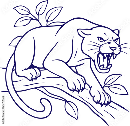 Angry panther growling on tree branch in outline illustration