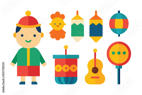 children s festival icon collection with drums lanterns colorfull Vector illustration