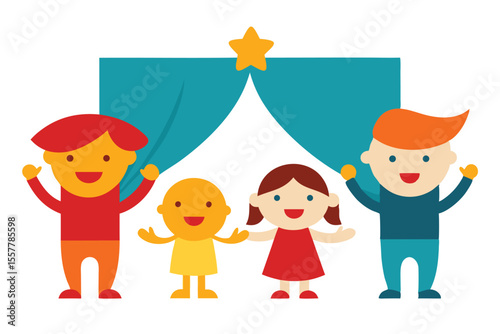 Happy cartoon family of four with two children playing together at night