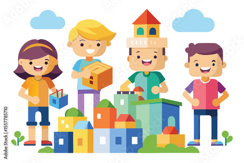 Cartoon illustration of a smiling family of four, including a boy and a girl, standing happily in front of their home