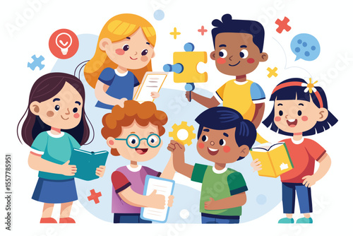 Cartoon illustration of diverse happy children reading books and using laptops