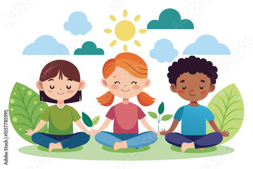 Cartoon illustration of a boy and girl, children playing together in a park, having fun