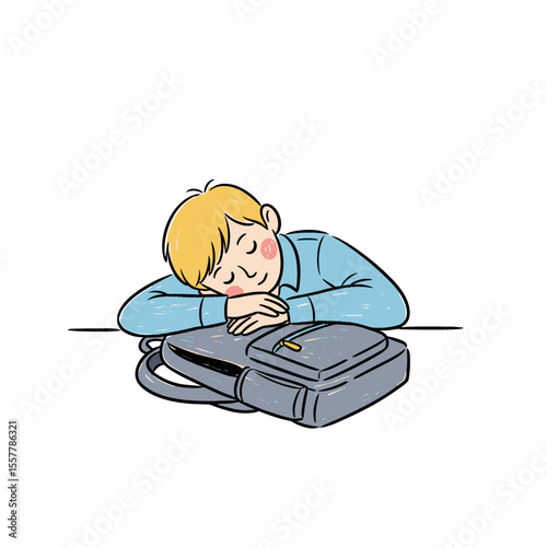 Young boy sleeping on desk with backpack during school hours  