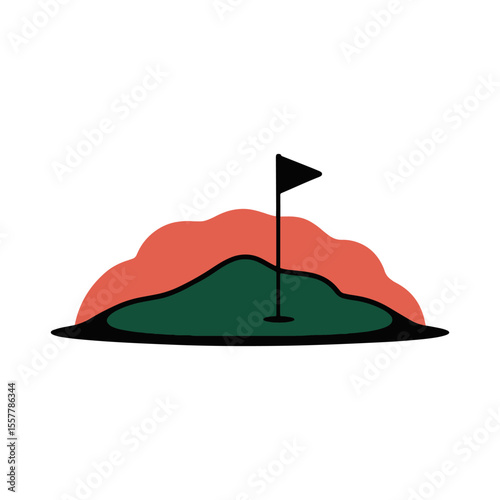 Golf green with a flag and a sunset background