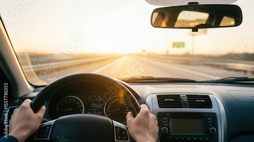 Hands on Black Steering Wheel Driving on Highway at Sunset with Bright Sunlight and Dashboard View Through the Windshield