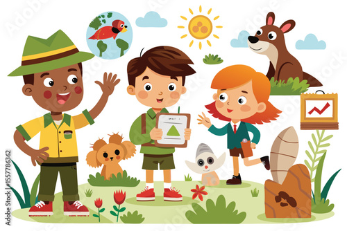 Kids playing with a dog in a summer garden, a joyful family illustration with cartoon children and a loving mother