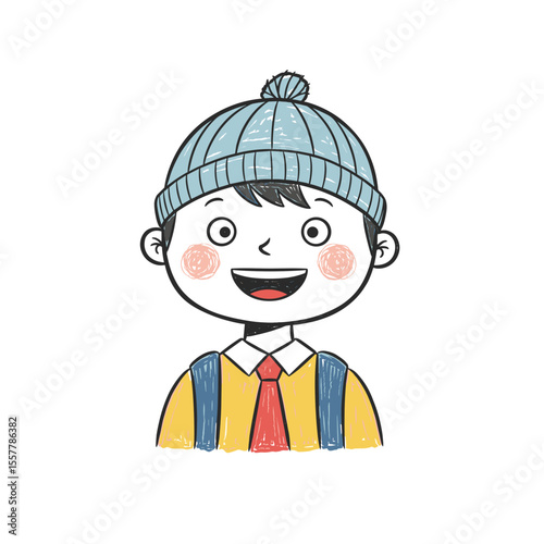 Cheerful young boy wearing a beanie and smiling with backpack  