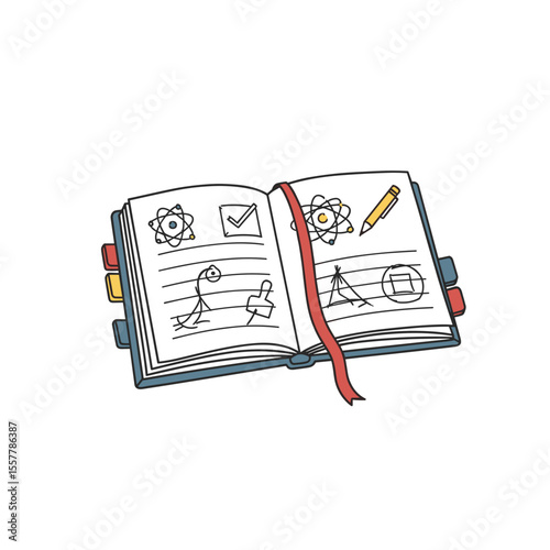 Open notebook with drawings about science and exercise activities  