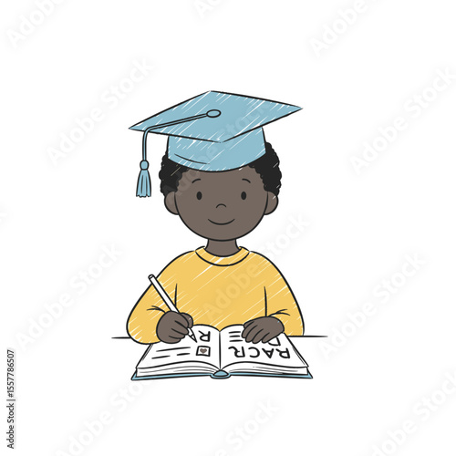 Young Black boy studying while writing in a notebook with cap  