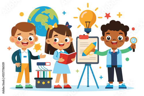 Cartoon kids happily holding a globe, a fun illustration of children learning about the world