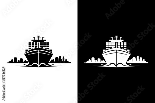 Cargo Ship Silhouette on a Black and White Background.
