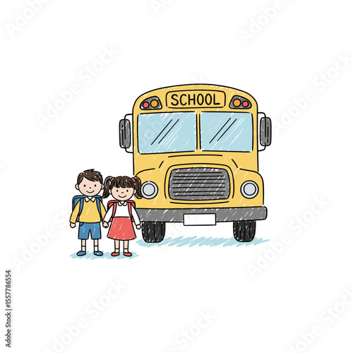 Children standing by school bus in colorful illustration  