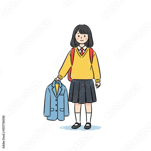 Schoolgirl holding a blue blazer while wearing a yellow sweater  