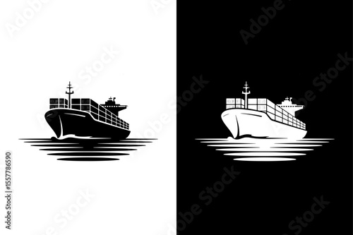 Container Ship Silhouette Icon on White Background Vector Art Illustration on white background.