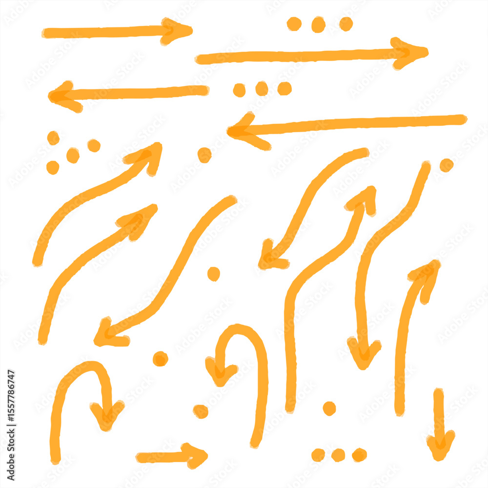 Obraz premium Hand-drawn orange arrows and dots on white background. Abstract sketch for flow, direction, and motion concepts.