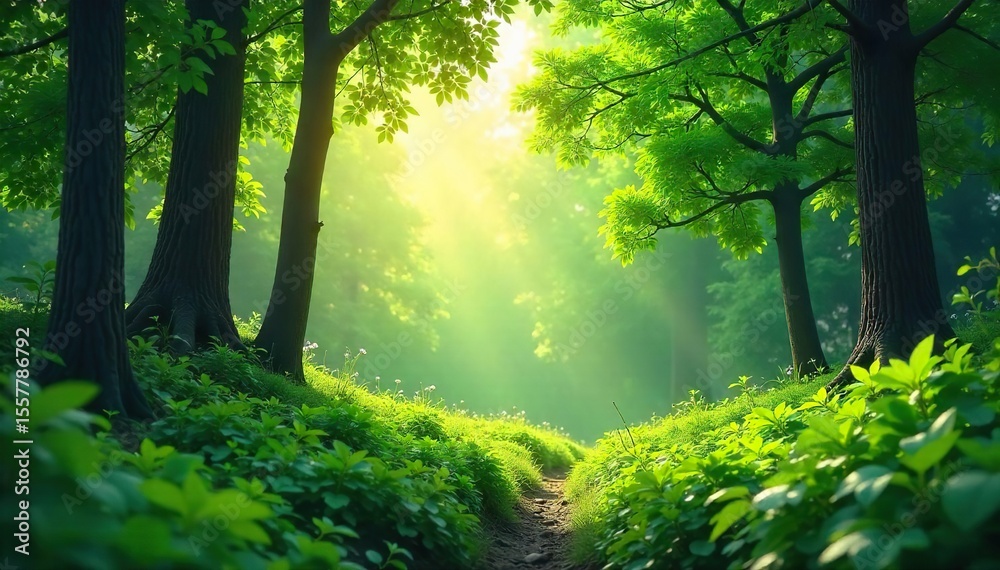 Obraz premium Serene Sunlight Dappling Through Lush Green Forest Foliage Peaceful Nature Background Perfect for Ecology and Environmental Projects