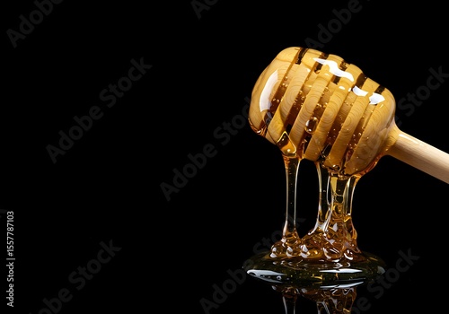Honey dripping from wooden dipper on black background  