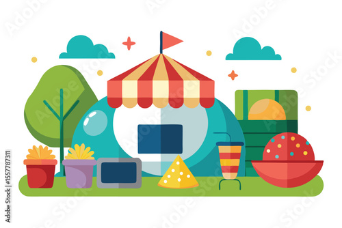Vector illustration of a tent in the forest, a cozy home design in nature's landscape with trees and sun
