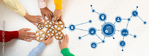 An illustration showcasing diverse hands working together with gears, symbolizing innovation and efficiency in a modern, collaborative work environment. Amity